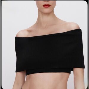 Zara Black Off-Shoulder Fold-Over Crop Top